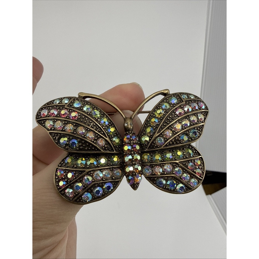 KIRKS FOLLY AB CRYSTAL BUTTERFLY BROOCH PIN 3" Brass Colored